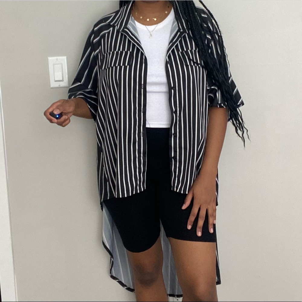 Thrifted black&white pinstripe short/ruffle sleeve asymmetrical button up shirt